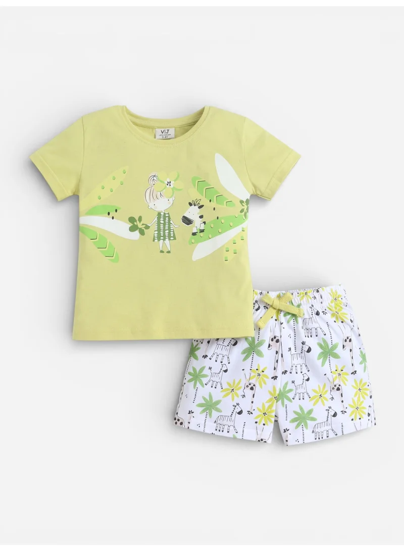 فكتور اند جين Girls Nature Print Cotton Pajama Set – T-Shirt & Shorts Nightwear